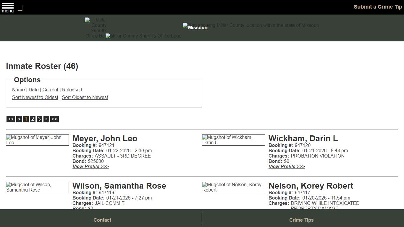Inmate Roster - Page 1 Current Inmates Booking Date Descending - Miller County Sheriff MO
